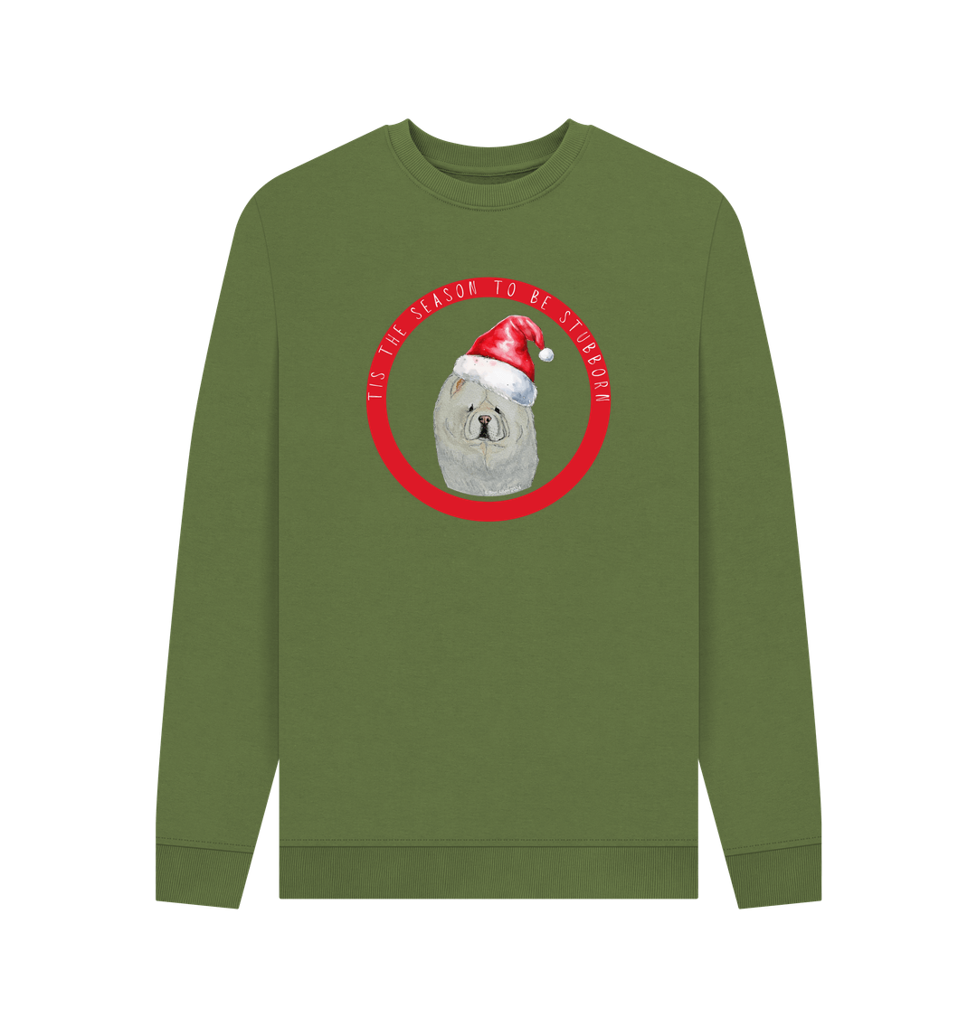 Khaki Tis the Season to Be Stubborn: Cream Chow Chow Men's Christmas Crewneck Sweatshirt