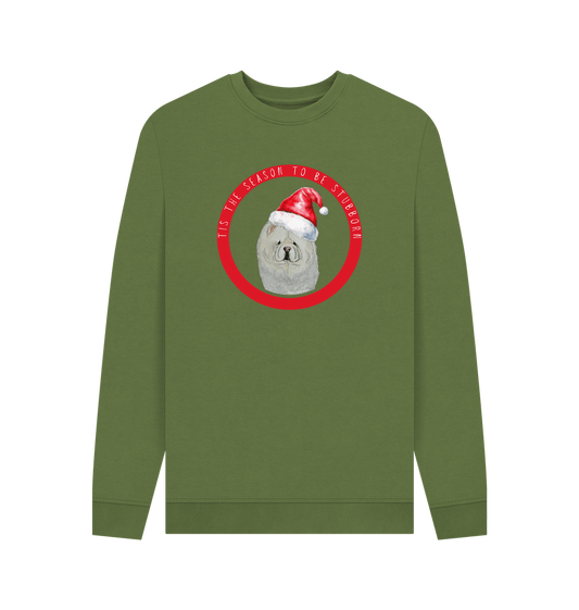 Khaki Tis the Season to Be Stubborn: Cream Chow Chow Men's Christmas Crewneck Sweatshirt