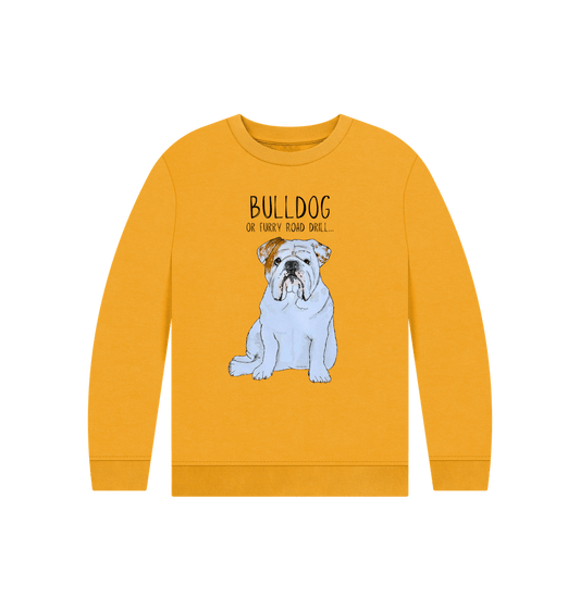 Mustard Furry Road Cool: Bulldog Power Kid\u2019s Sweatshirt for Playtime Warriors!