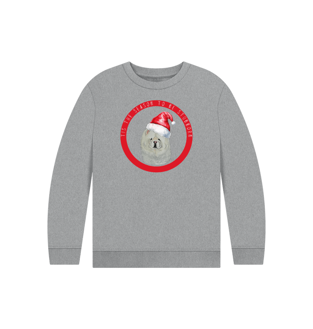 Athletic Grey Tis the Season to Be Stubborn: Cream Chow Chow Child's Christmas Crewneck Sweatshirt