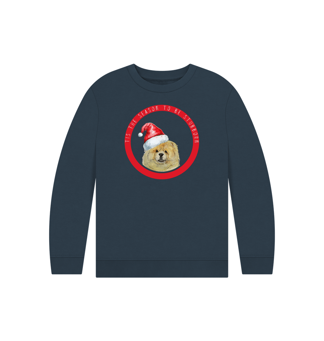 Navy Blue Tis the Season to Be Stubborn: Fawn Chow Chow Kids' Christmas Sweatshirt