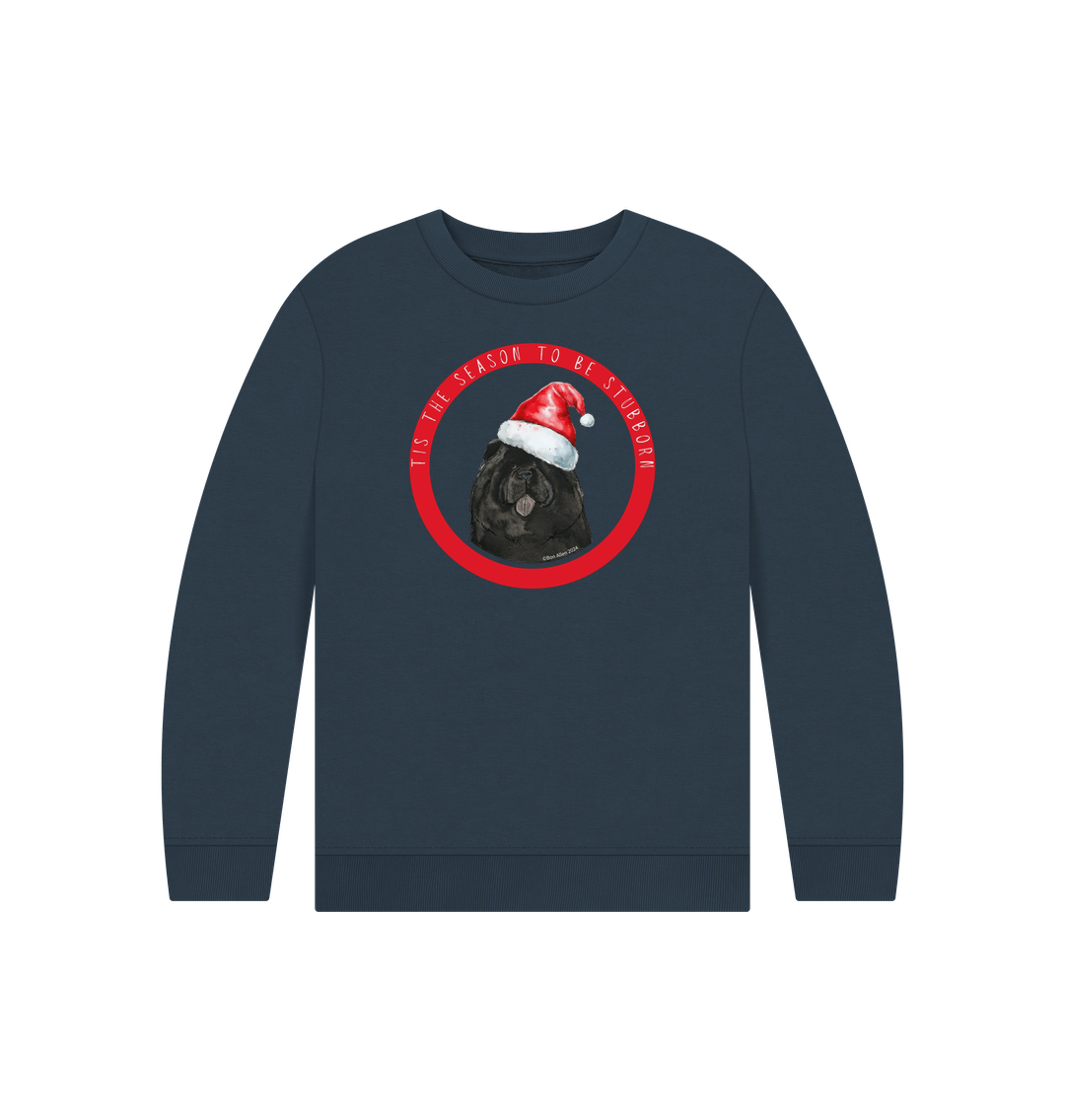 Navy Blue Tis the Season to Be Stubborn: Black Chow Chow Child's Christmas Crewneck Sweatshirt