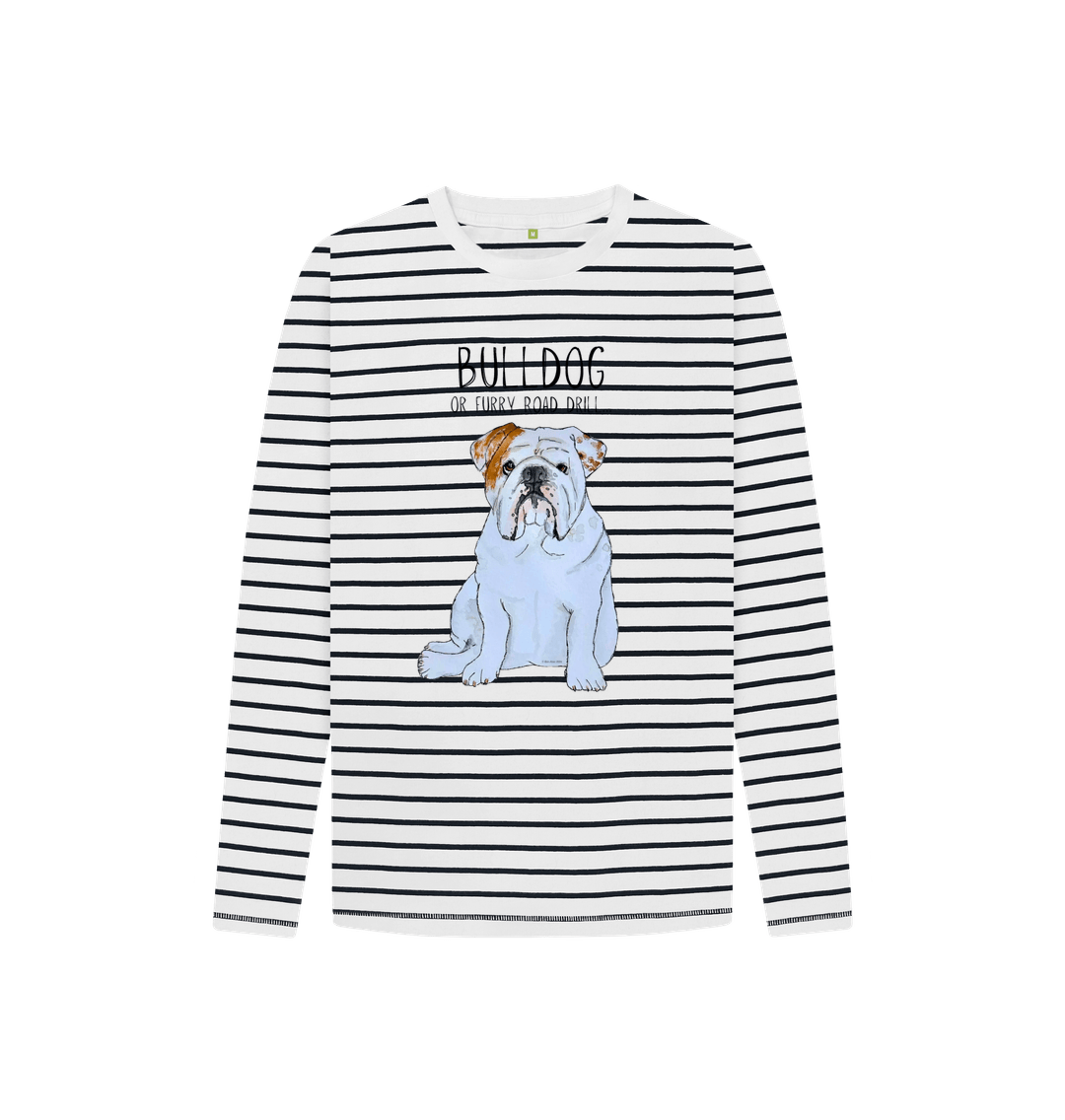 Navy Stripes Furry Road Cool: Bulldog Style Meets Breton Chic in Kid\u2019s Long Sleeve Tee!