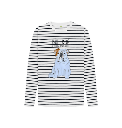 Navy Stripes Furry Road Cool: Bulldog Style Meets Breton Chic in Kid\u2019s Long Sleeve Tee!