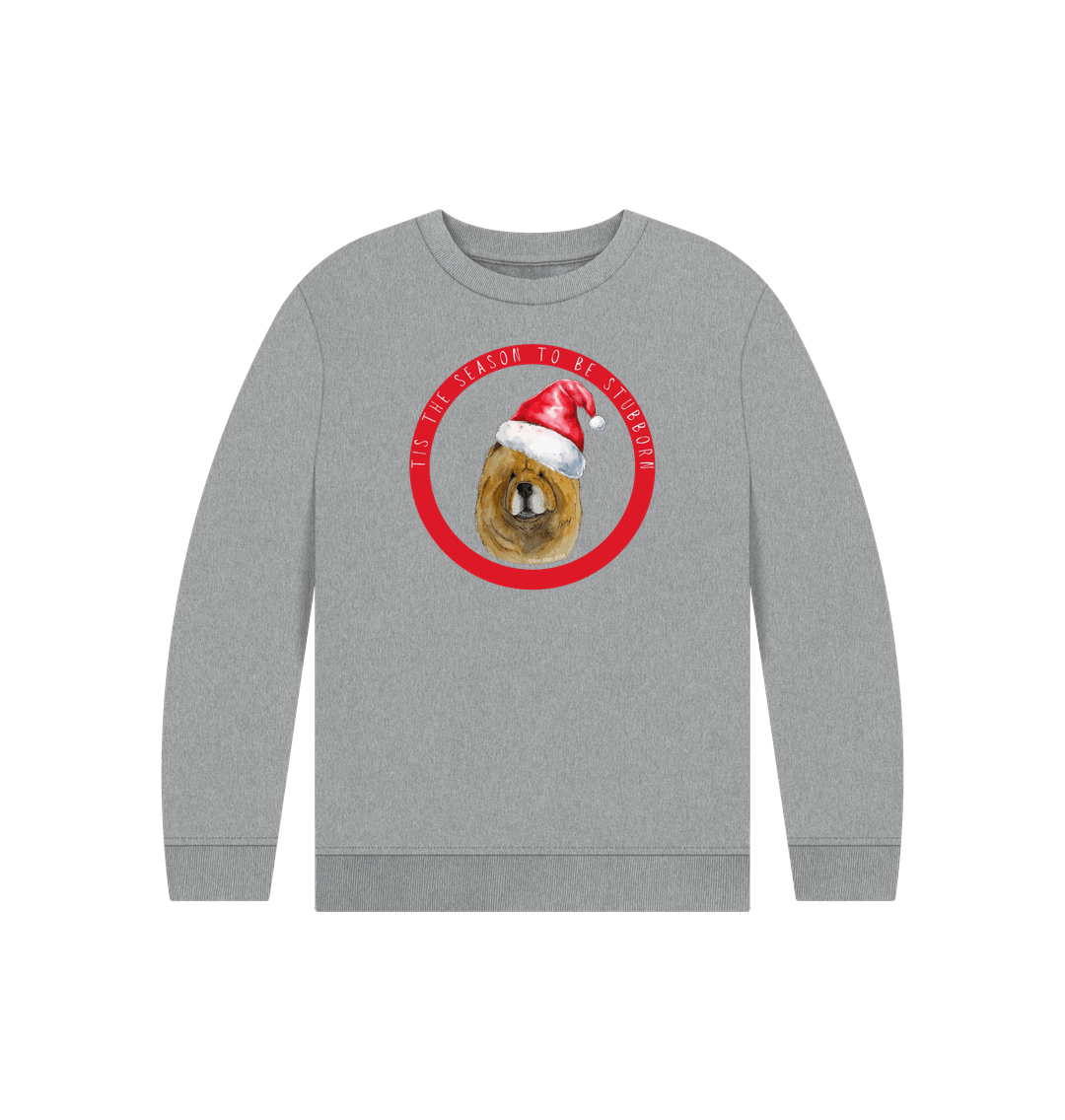 Athletic Grey Tis the Season to Be Stubborn: Red Chow Chow Child's Christmas Crewneck Sweatshirt