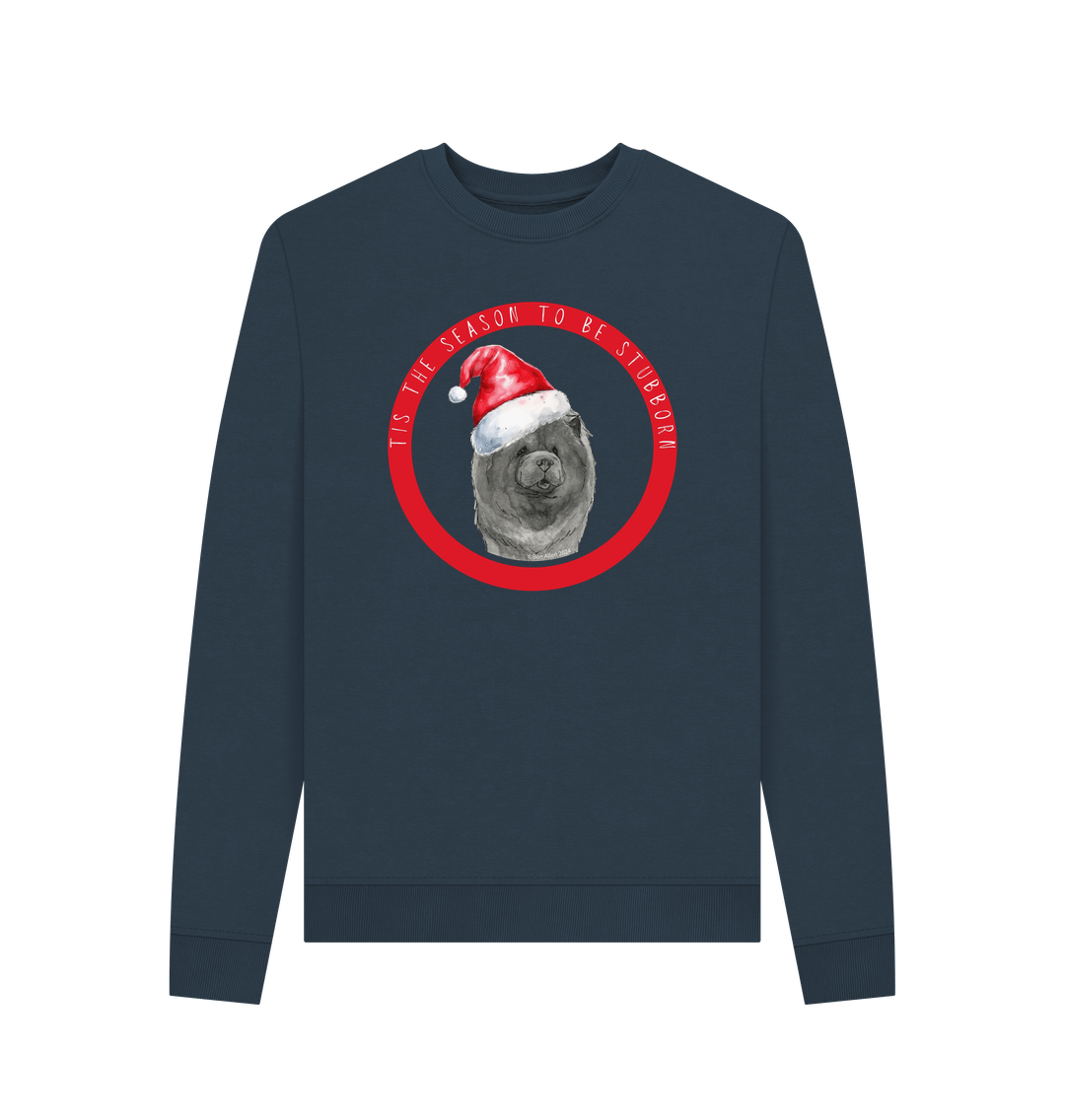 Navy Blue Tis the Season to Be Stubborn: Blue Chow Chow Women's Christmas Crewneck Sweatshirt