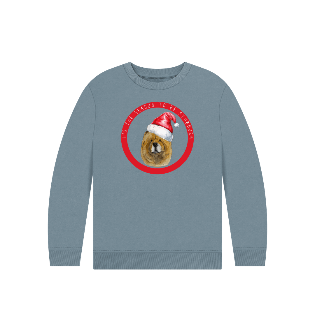 Stone Blue Tis the Season to Be Stubborn: Red Chow Chow Child's Christmas Crewneck Sweatshirt