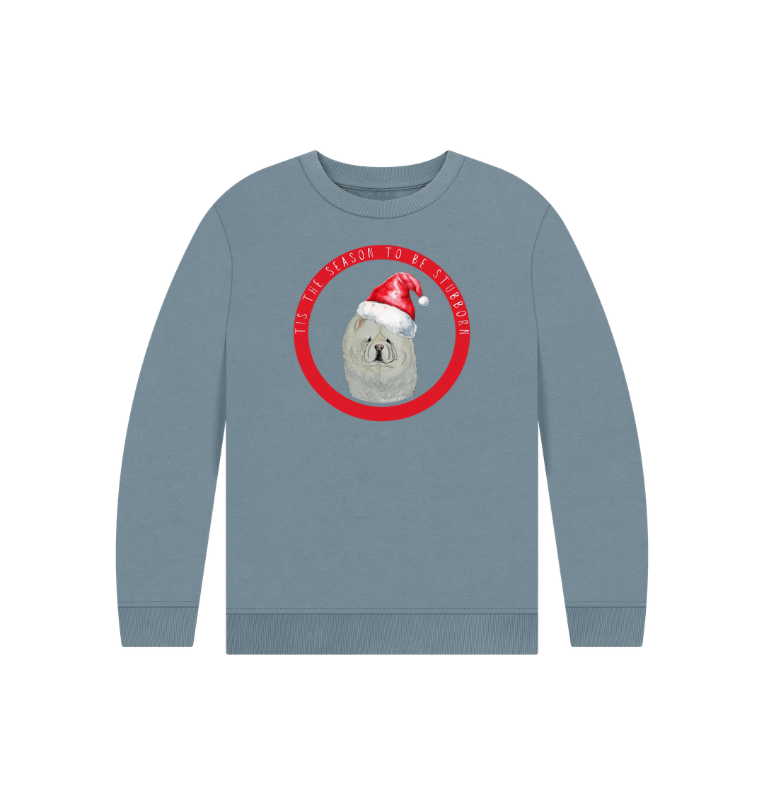 Stone Blue Tis the Season to Be Stubborn: Cream Chow Chow Child's Christmas Crewneck Sweatshirt