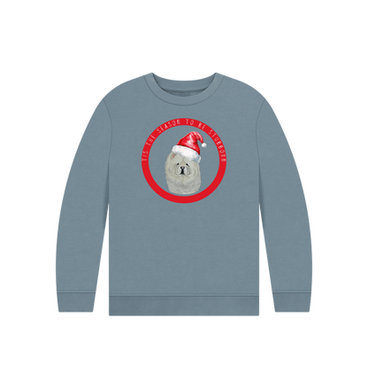 Stone Blue Tis the Season to Be Stubborn: Cream Chow Chow Child's Christmas Crewneck Sweatshirt