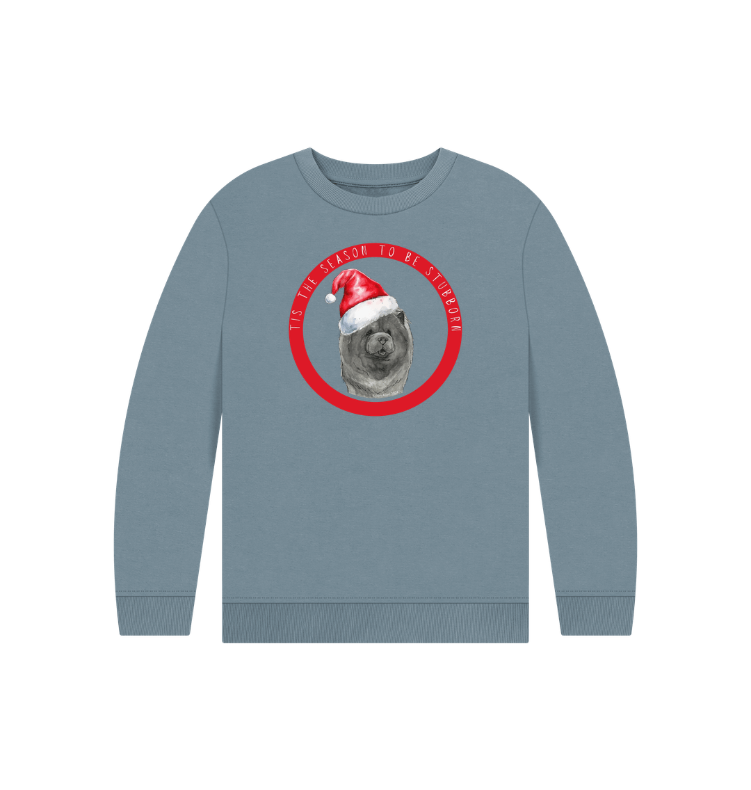 Stone Blue Tis the Season to Be Stubborn: Blue Chow Chow Child's Christmas Crewneck Sweatshirt