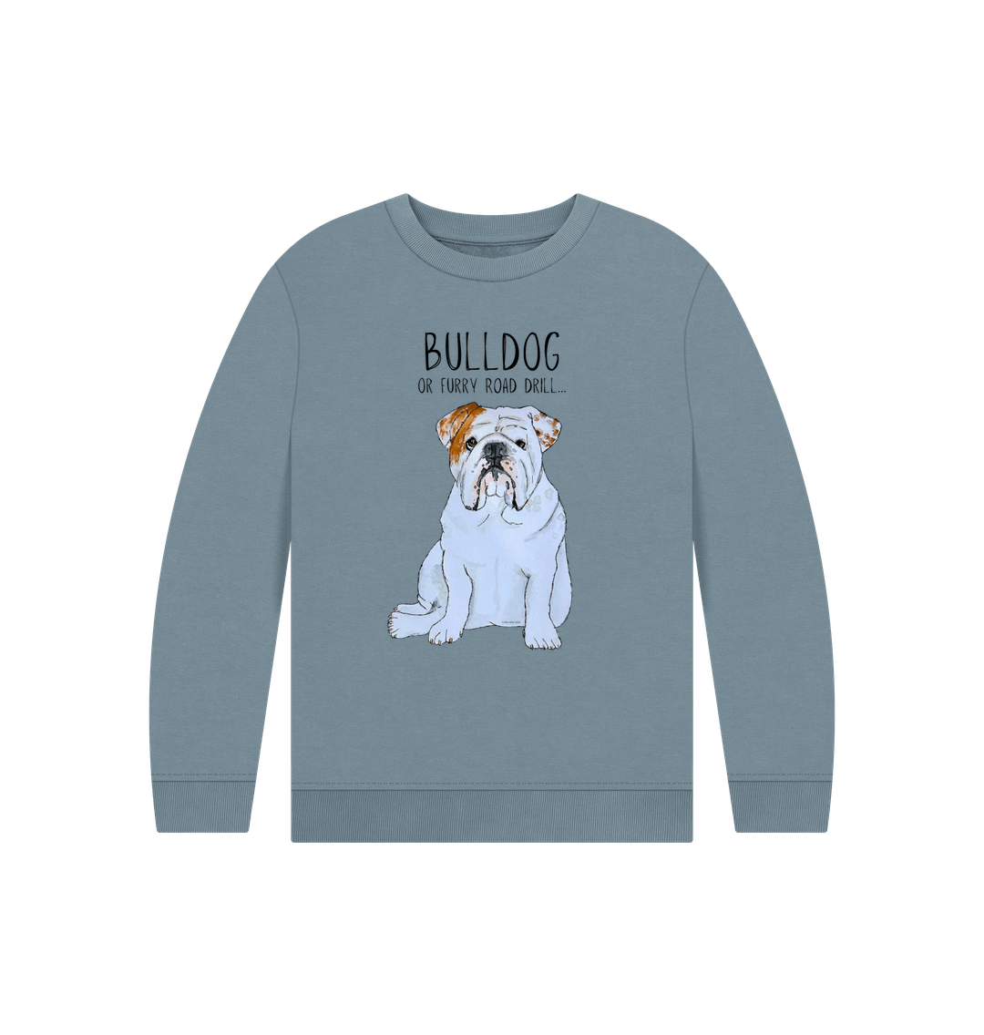 Stone Blue Furry Road Cool: Bulldog Power Kid\u2019s Sweatshirt for Playtime Warriors!