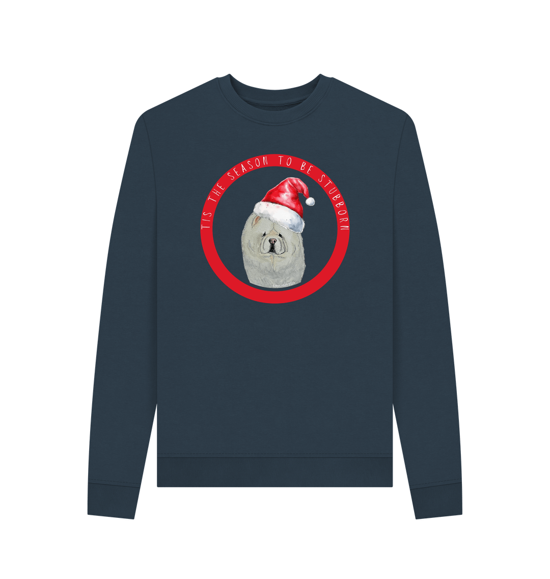 Navy Blue Tis the Season to Be Stubborn: Cream Chow Chow Women's Christmas Crewneck Sweatshirt