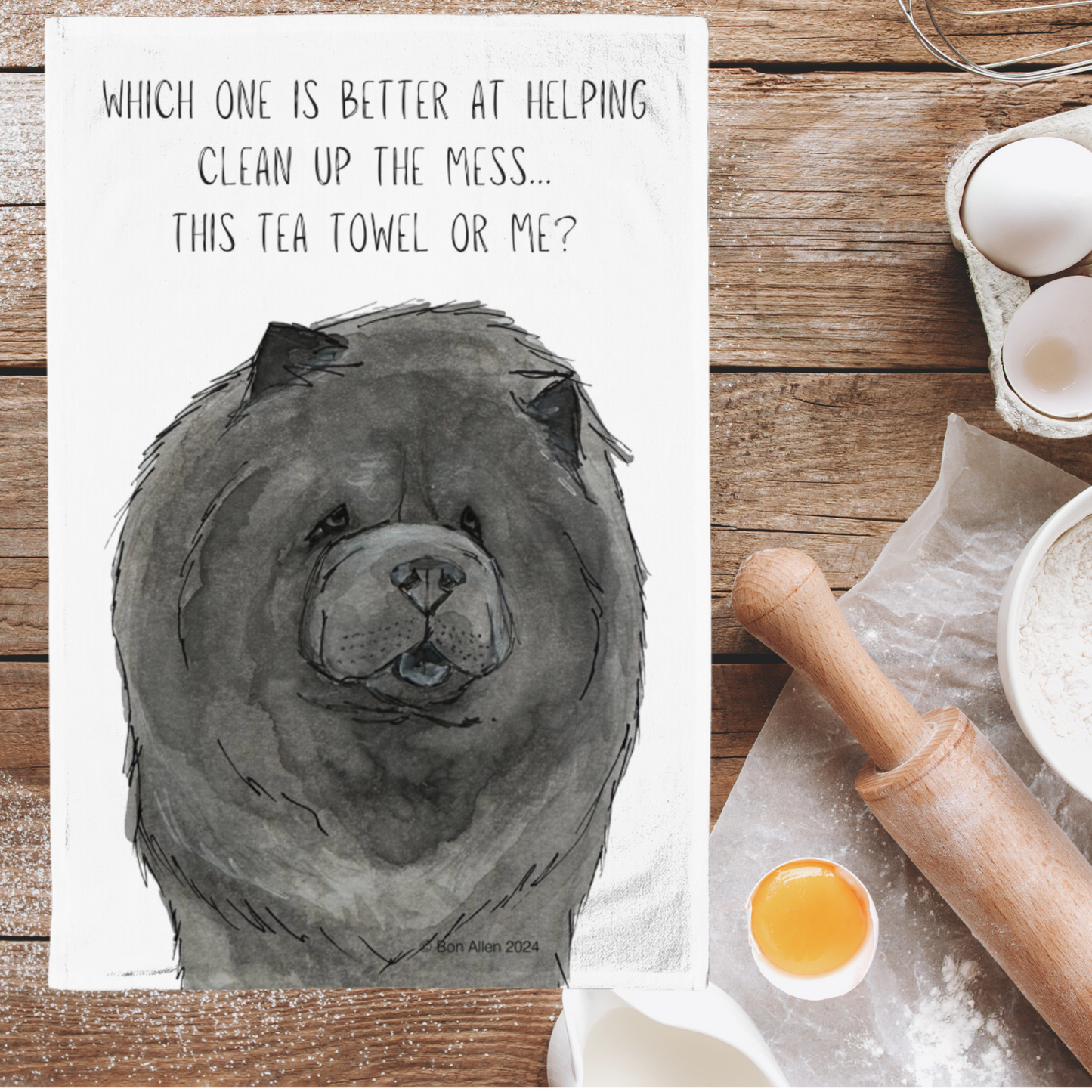 Make Cleanup Fun with the Blue Chow Chow Tea Towel – Featuring the Aloof Floof!