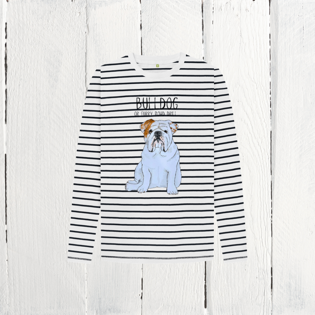 Furry Road Cool: Bulldog Style Meets Breton Chic in Kid’s Long Sleeve Tee!