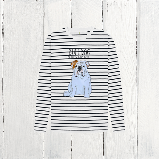 Furry Road Cool: Bulldog Style Meets Breton Chic in Kid’s Long Sleeve Tee!