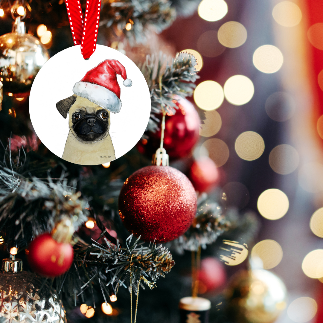 Snorty & Festive: Pug Ceramic Christmas Ornament