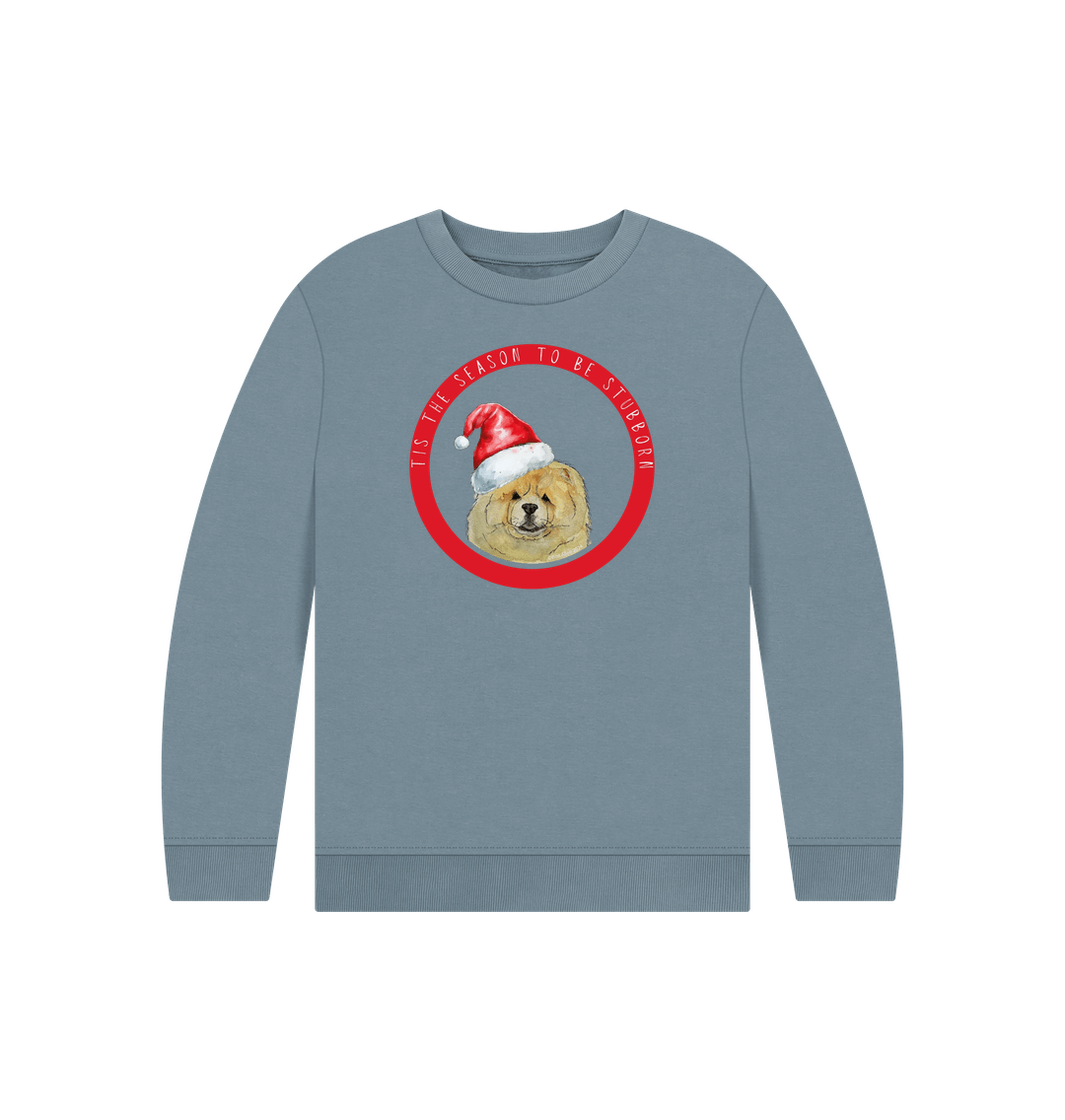 Stone Blue Tis the Season to Be Stubborn: Fawn Chow Chow Kids' Christmas Sweatshirt