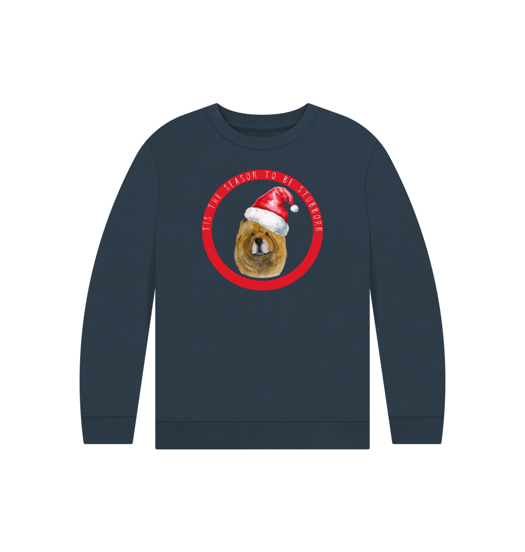 Navy Blue Tis the Season to Be Stubborn: Red Chow Chow Child's Christmas Crewneck Sweatshirt