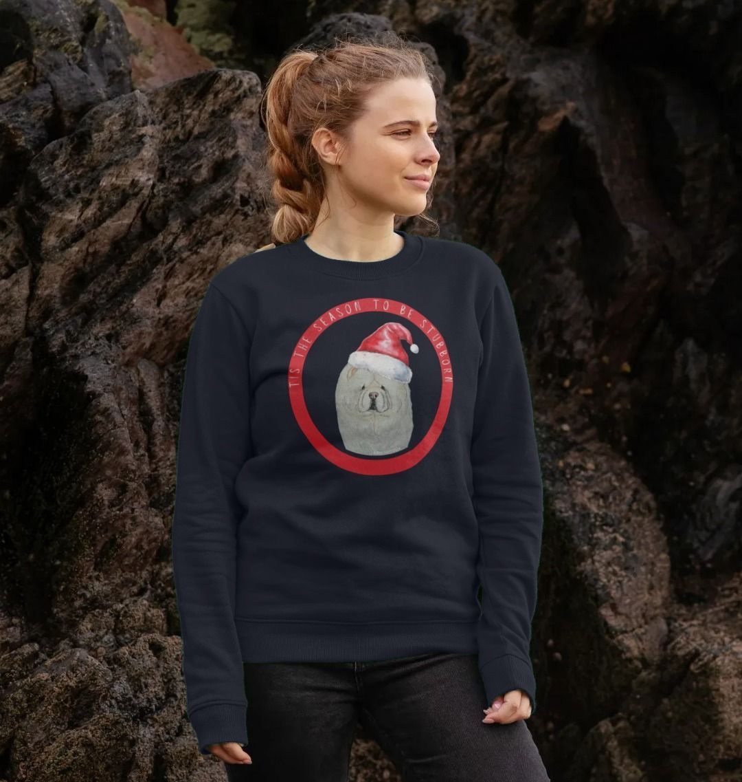 Tis the Season to Be Stubborn: Cream Chow Chow Women's Christmas Crewneck Sweatshirt